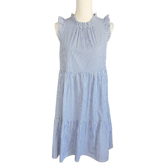 J. CREW Blue & White Stripe dress Flounce Searsucker Sleeveless preppy Tiered - Picture 2 of 7